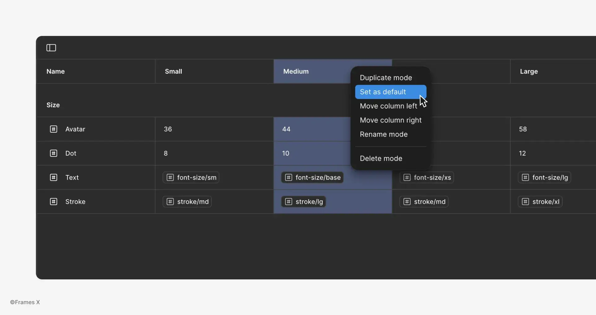 Preview of the final step in organizing parametric variables and tokens in Figma