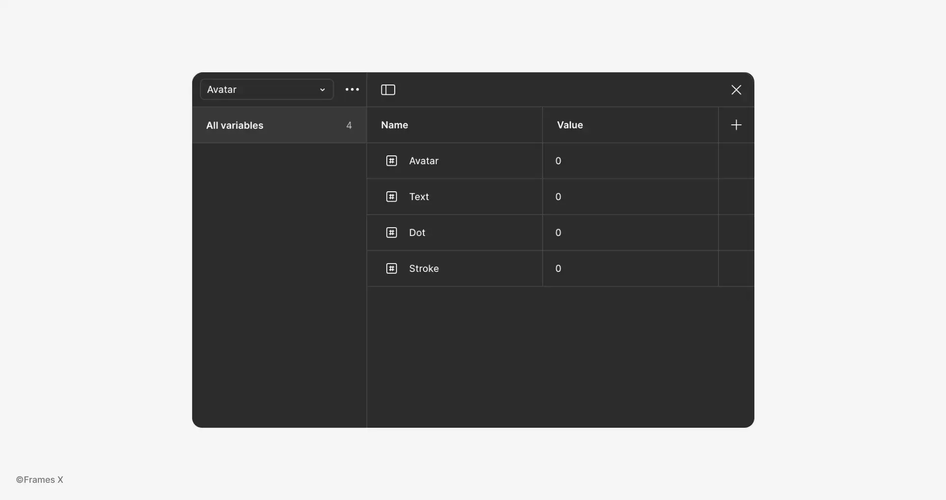 Preview of variable-based component properties collection in Figma built for parametric UI design