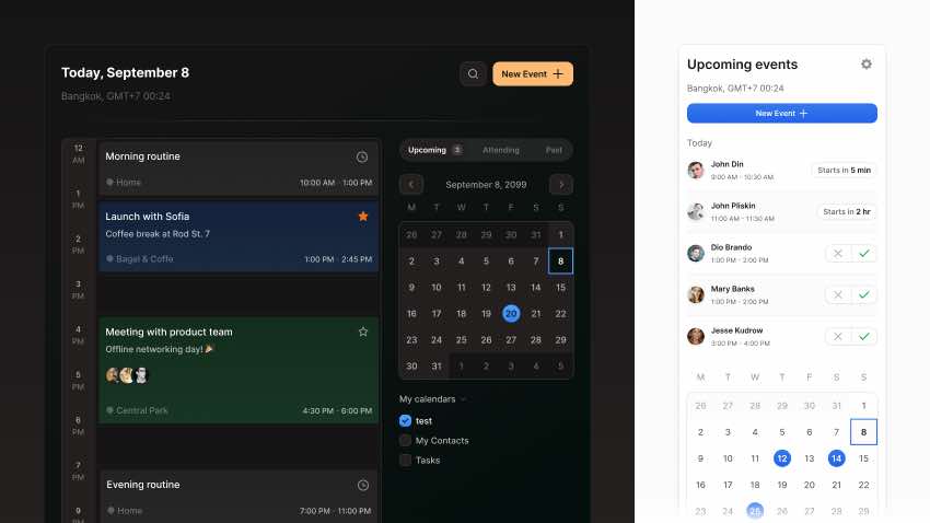 Responsive calendar app UI in Figma with daily, weekly, and monthly views, and event
